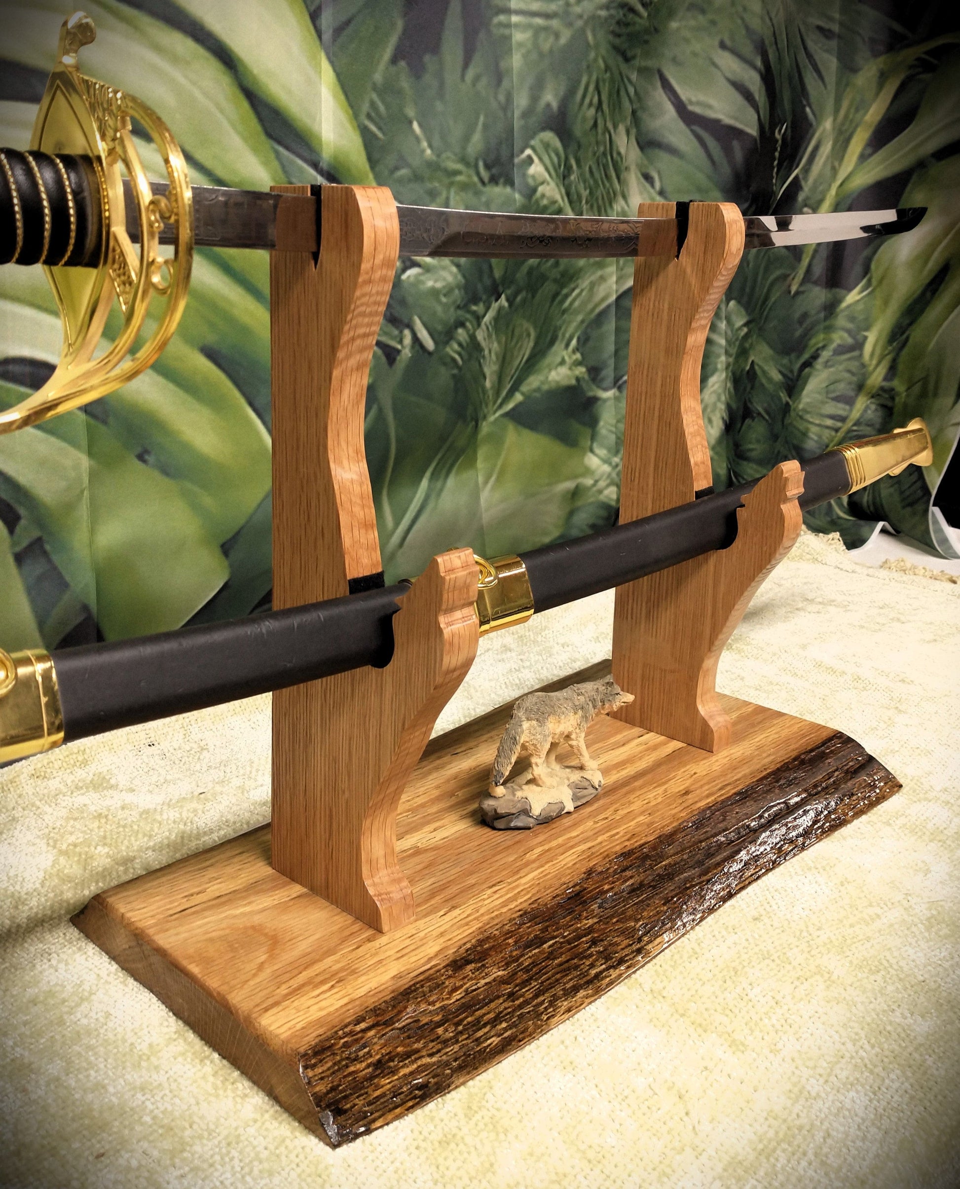 walkerwoodgifts sword display Rustic Live Edge Oak Wolf Sword and Sheath Display Stand Military Samurai Collectors Veterans Gift