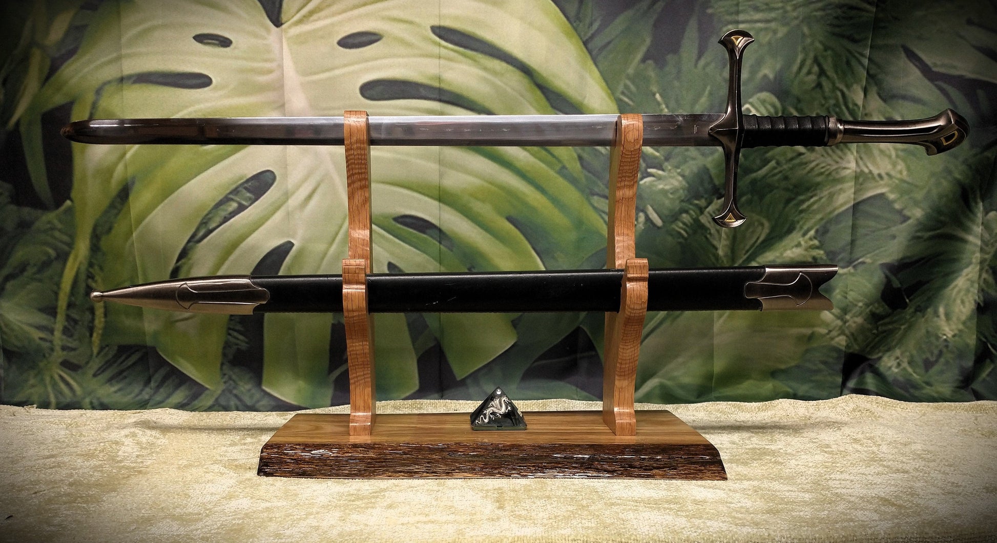 walkerwoodgifts sword display Rustic Live Edge Oak Wolf Sword and Sheath Display Stand Military Samurai Collectors Veterans Gift