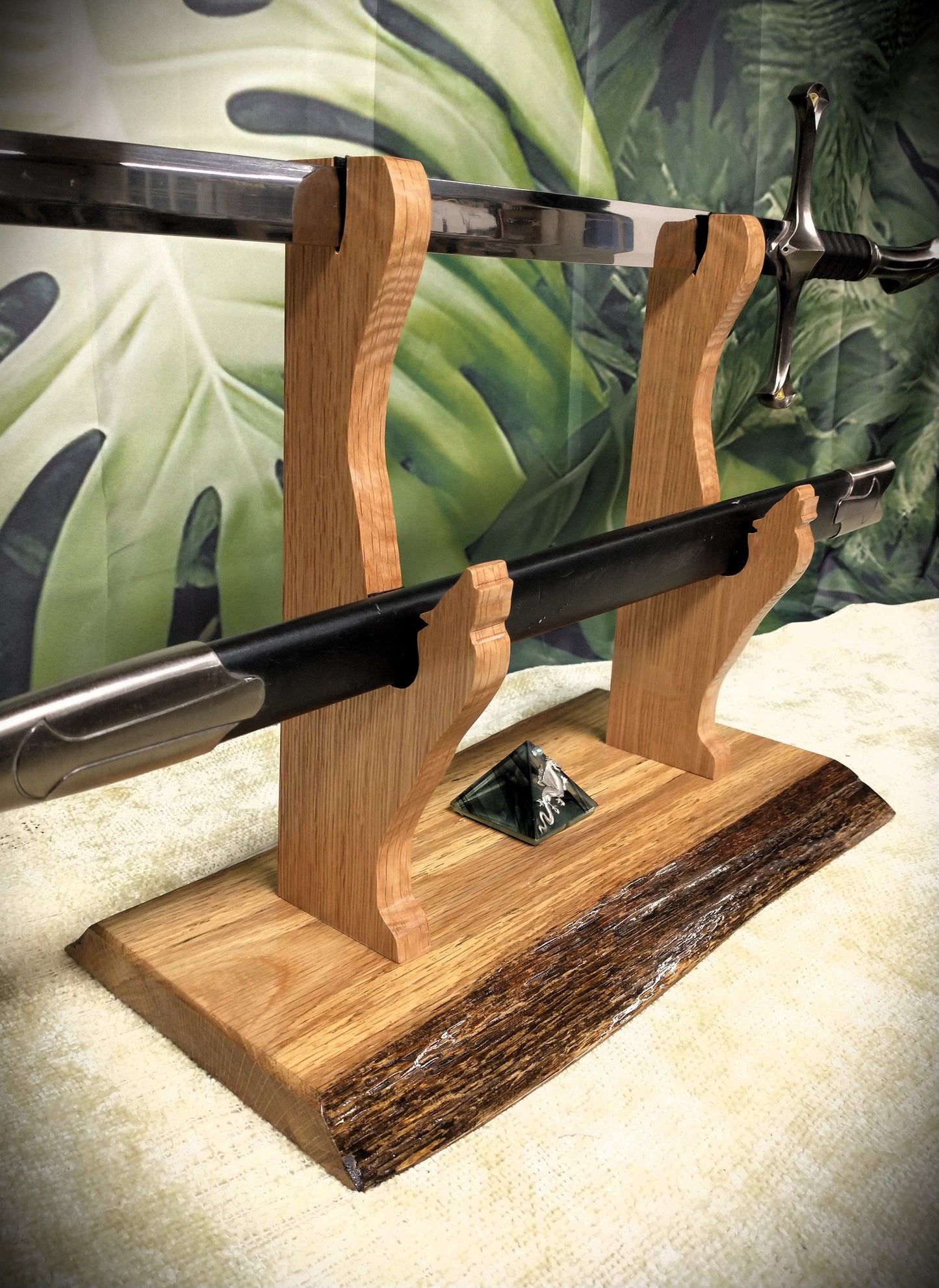 walkerwoodgifts sword display Rustic Live Edge Oak Wolf Sword and Sheath Display Stand Military Samurai Collectors Veterans Gift