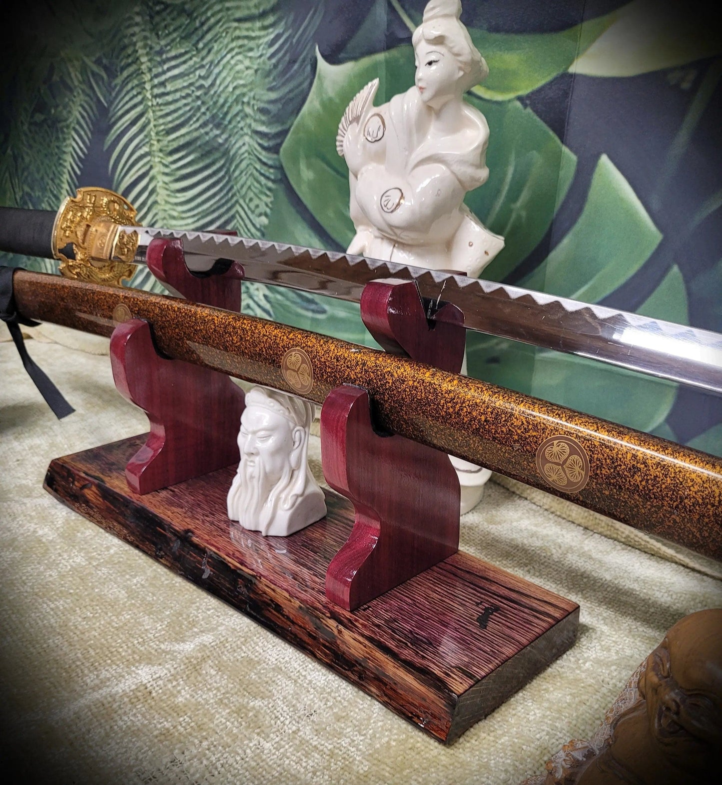 walkerwoodgifts sword display Rustic Live Edge Swamp Oak Purpleheart Blade & Sheath Kbar Samurai Military Display Gift