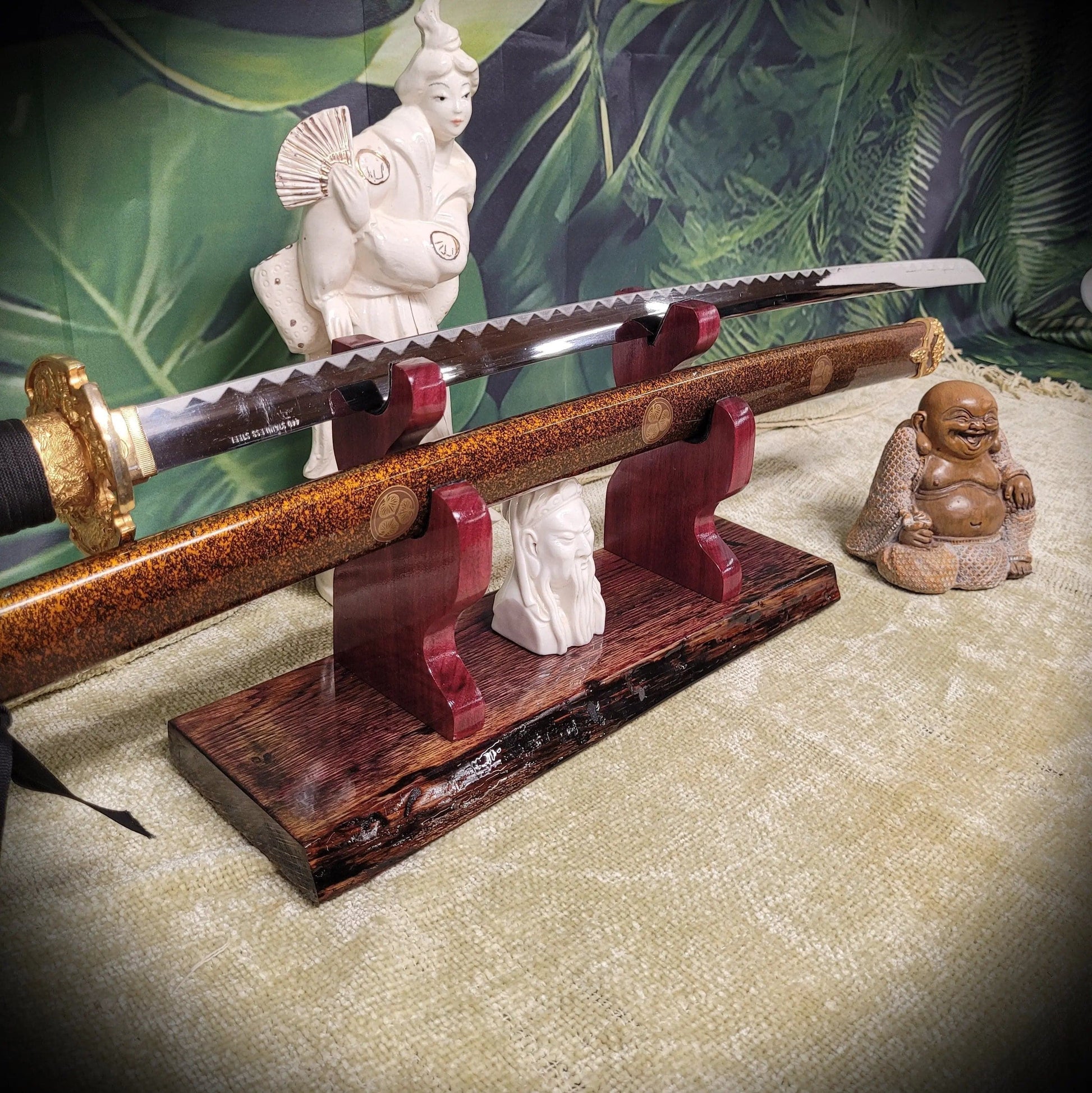 walkerwoodgifts sword display Rustic Live Edge Swamp Oak Purpleheart Blade & Sheath Kbar Samurai Military Display Gift