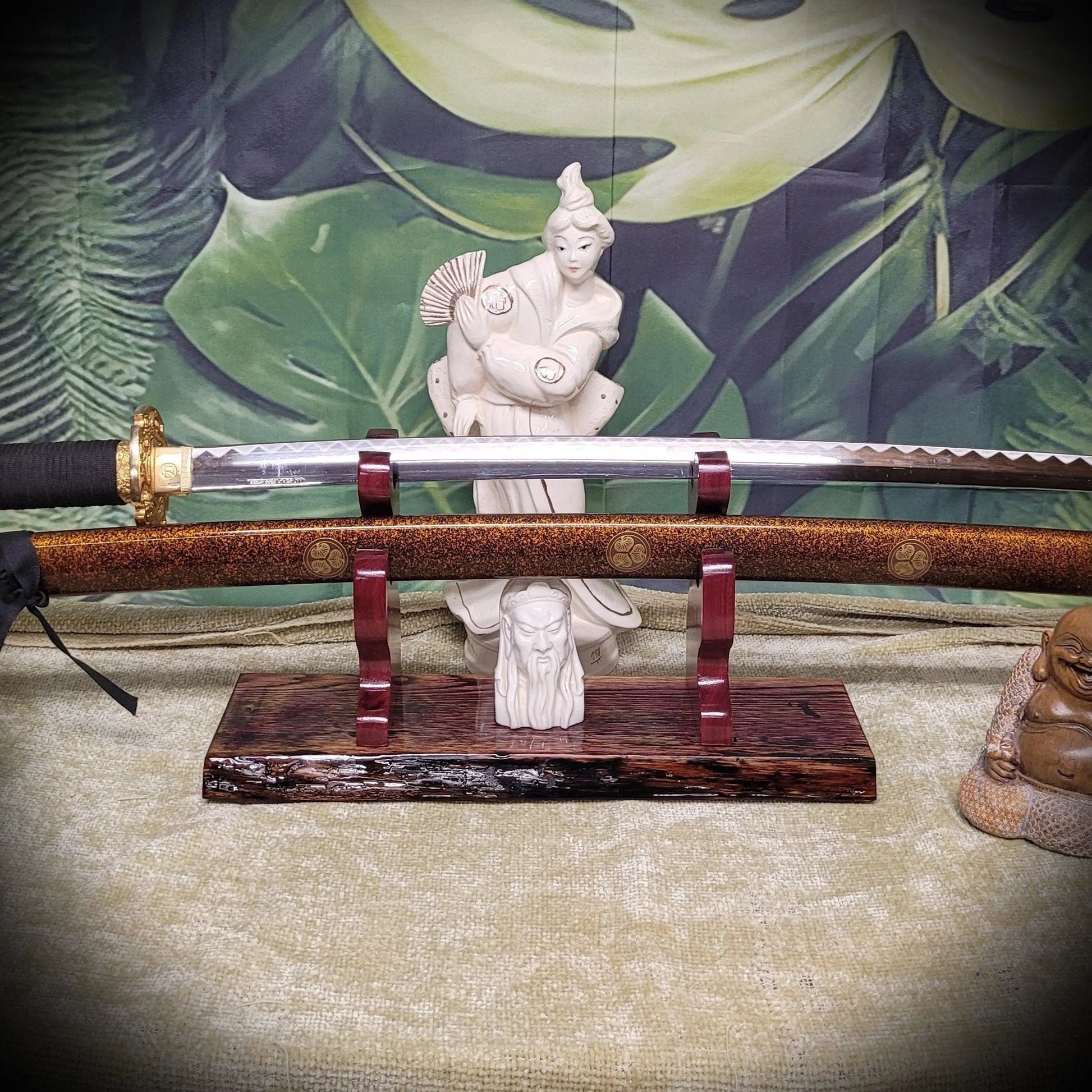 walkerwoodgifts sword display Rustic Live Edge Swamp Oak Purpleheart Blade & Sheath Kbar Samurai Military Display Gift