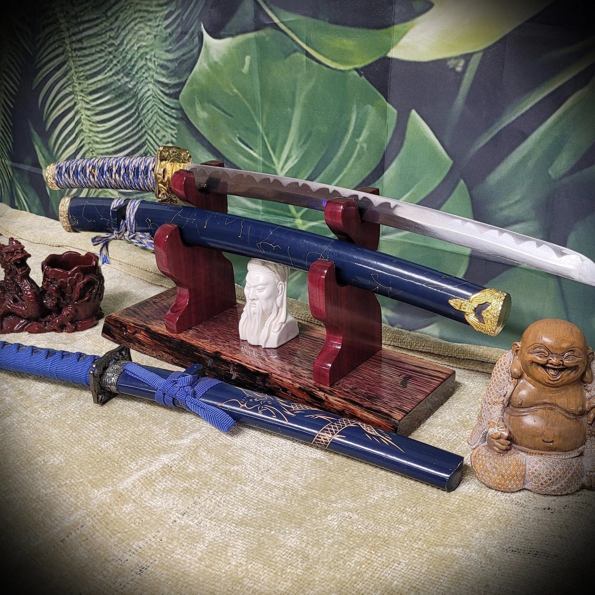 walkerwoodgifts sword display Rustic Live Edge Swamp Oak Purpleheart Blade & Sheath Kbar Samurai Military Display Gift