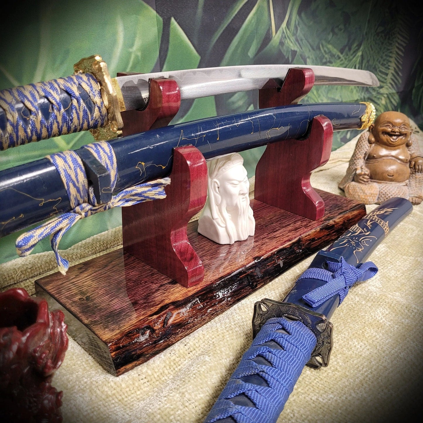 walkerwoodgifts sword display Rustic Live Edge Swamp Oak Purpleheart Blade & Sheath Kbar Samurai Military Display Gift