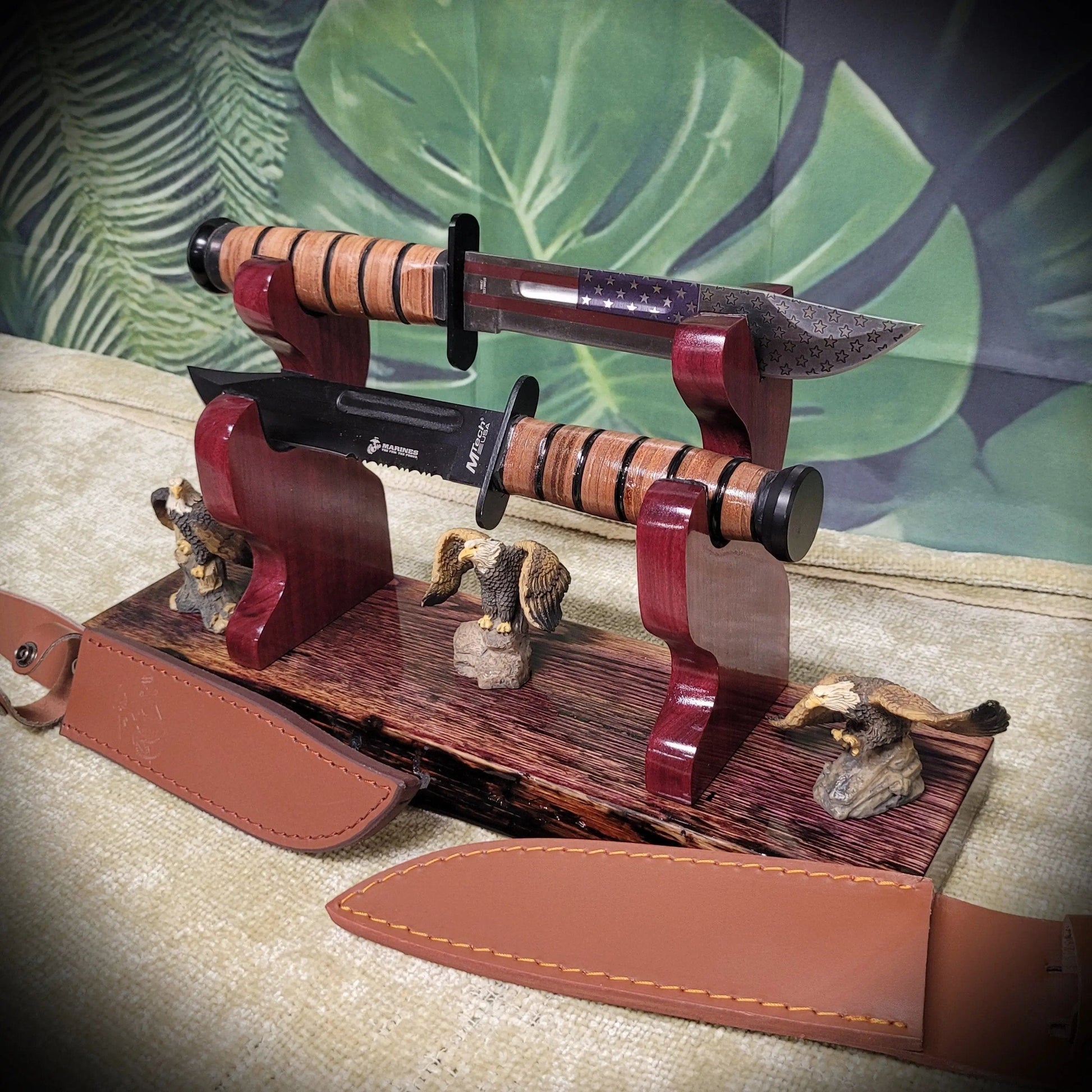 walkerwoodgifts sword display Rustic Live Edge Swamp Oak Purpleheart Blade & Sheath Kbar Samurai Military Display Gift