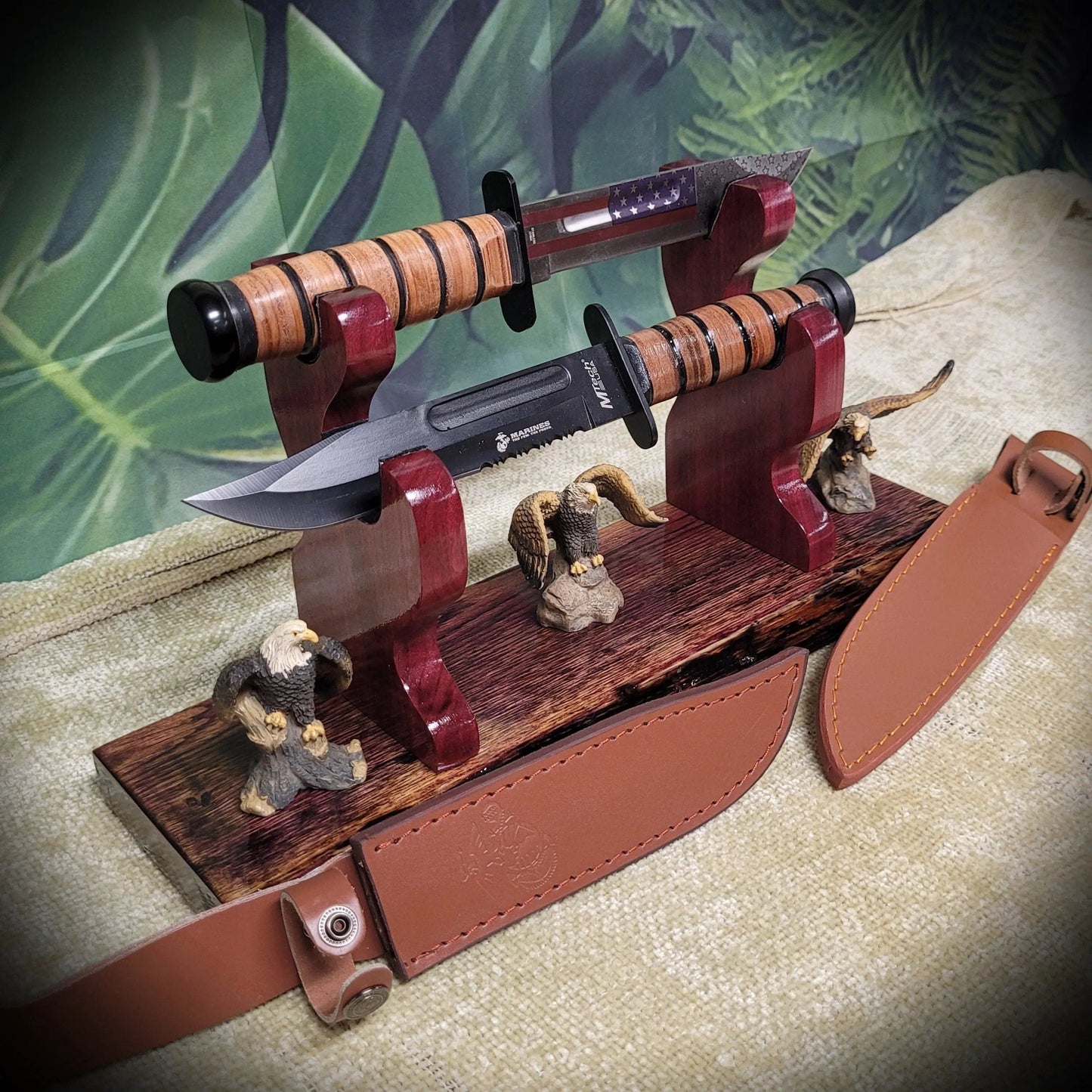 walkerwoodgifts sword display Rustic Live Edge Swamp Oak Purpleheart Blade & Sheath Kbar Samurai Military Display Gift