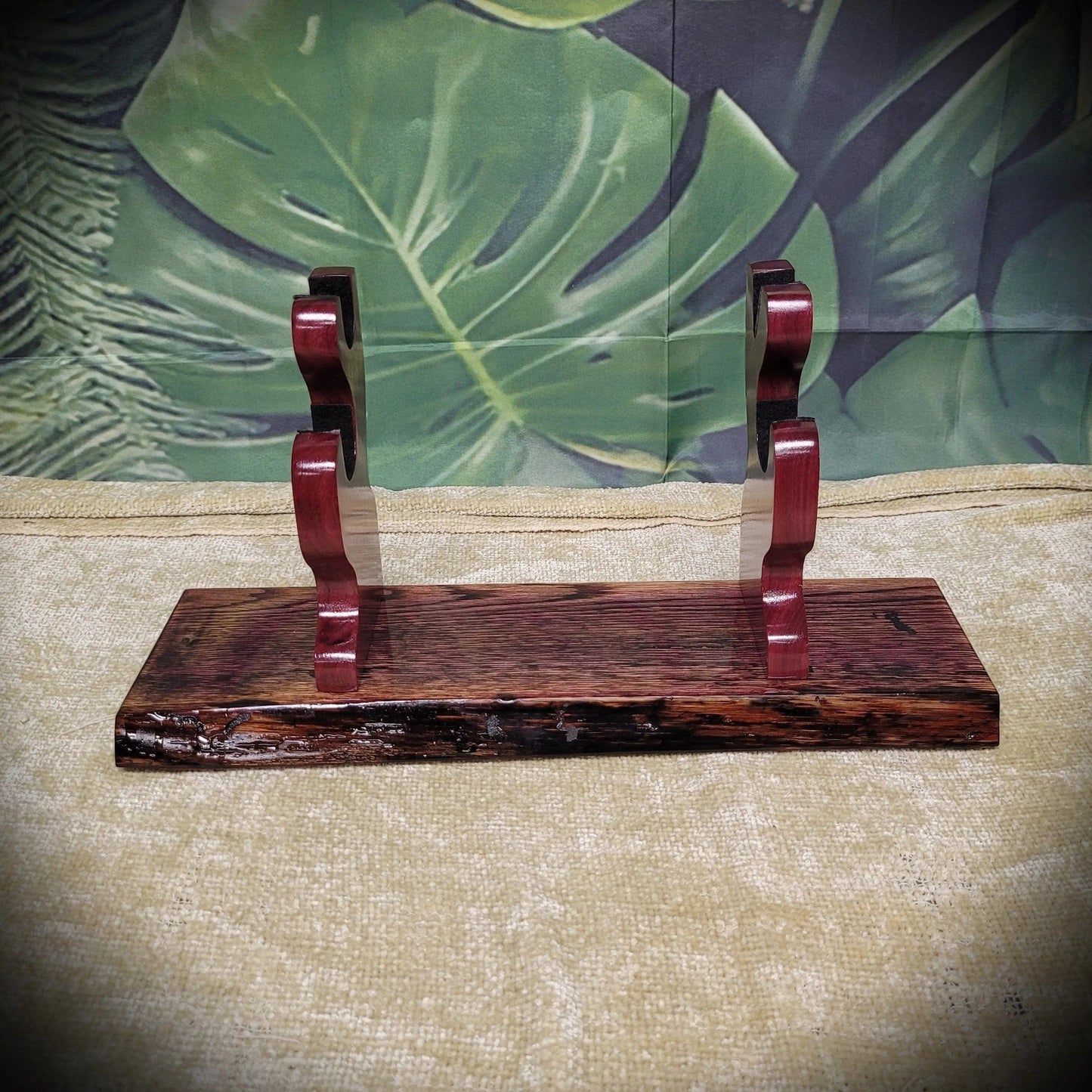 walkerwoodgifts sword display Rustic Live Edge Swamp Oak Purpleheart Blade & Sheath Kbar Samurai Military Display Gift