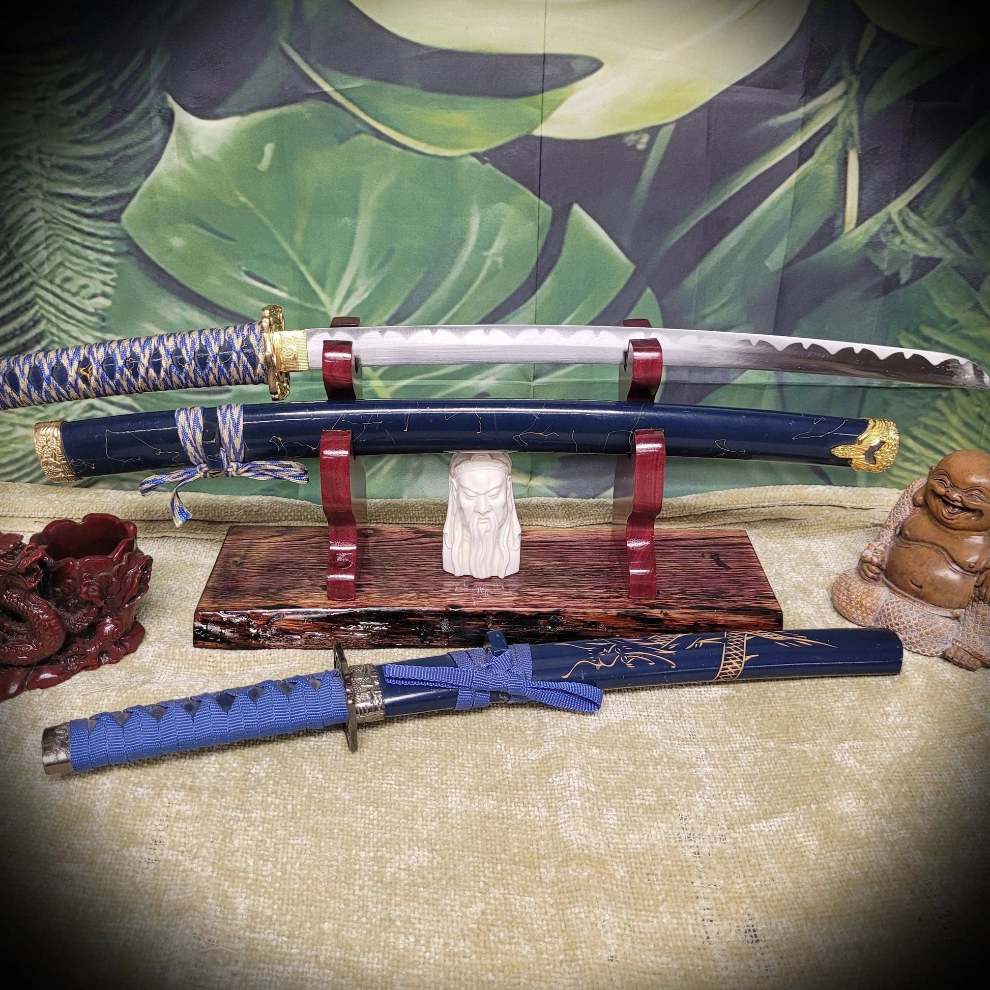 walkerwoodgifts sword display Rustic Live Edge Swamp Oak Purpleheart Blade & Sheath Kbar Samurai Military Display Gift
