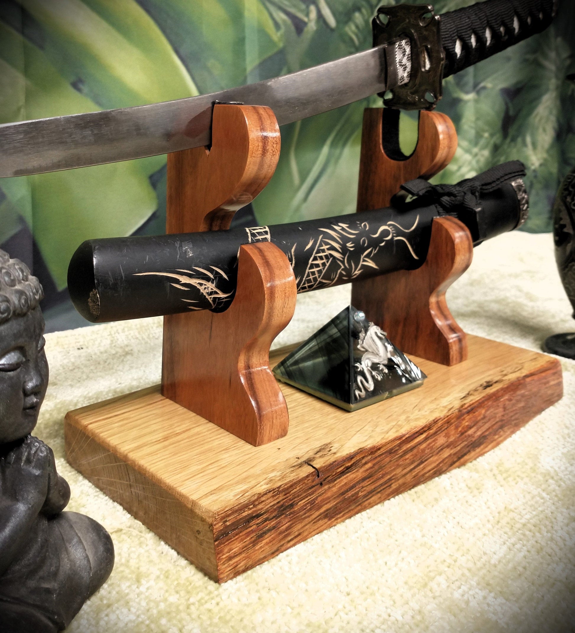 walkerwoodgifts sword display Rustic Live Edge Sword and Sheath Swamp Oak Rosewood Display Stand Samurai Military Collectors Gift