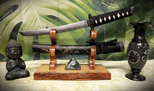 walkerwoodgifts sword display Rustic Live Edge Sword and Sheath Swamp Oak Rosewood Display Stand Samurai Military Collectors Gift