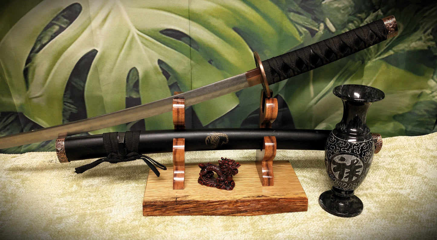 walkerwoodgifts sword display Rustic Live Edge Sword and Sheath Swamp Oak Rosewood Display Stand Samurai Military Collectors Gift