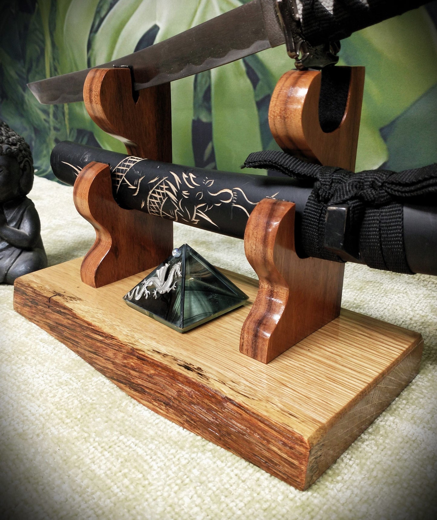 walkerwoodgifts sword display Rustic Live Edge Sword and Sheath Swamp Oak Rosewood Display Stand Samurai Military Collectors Gift