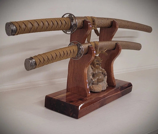 walkerwoodgifts sword display Rustic Red Cedar Wild Cherry 2 Tier Samurai Sword Display Stand Collector Gift