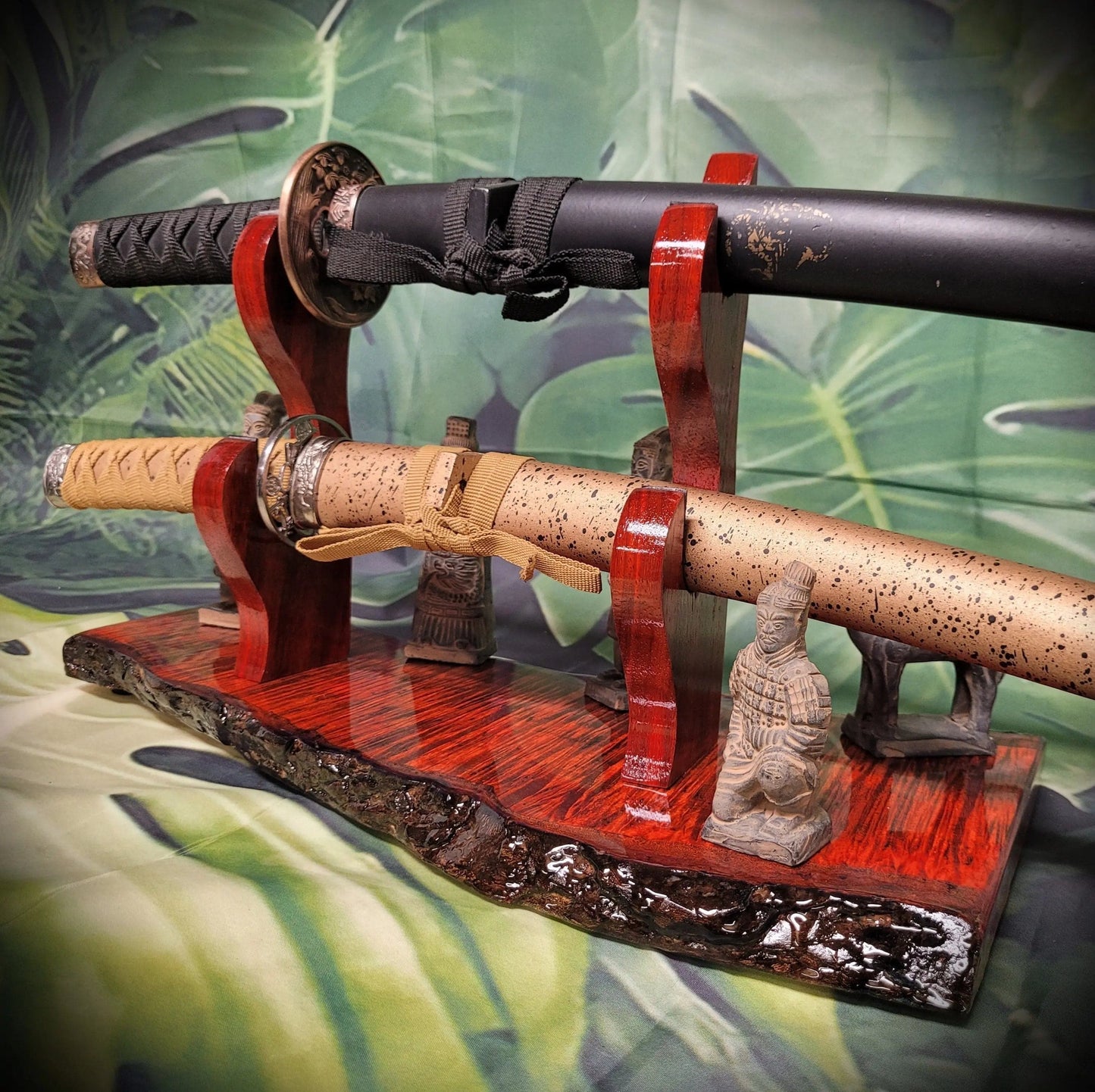 walkerwoodgifts sword display Stunning 2 Tier Live Edge Curly Maple & Padauk Samurai Sword Stand A Perfect Collectible Gift