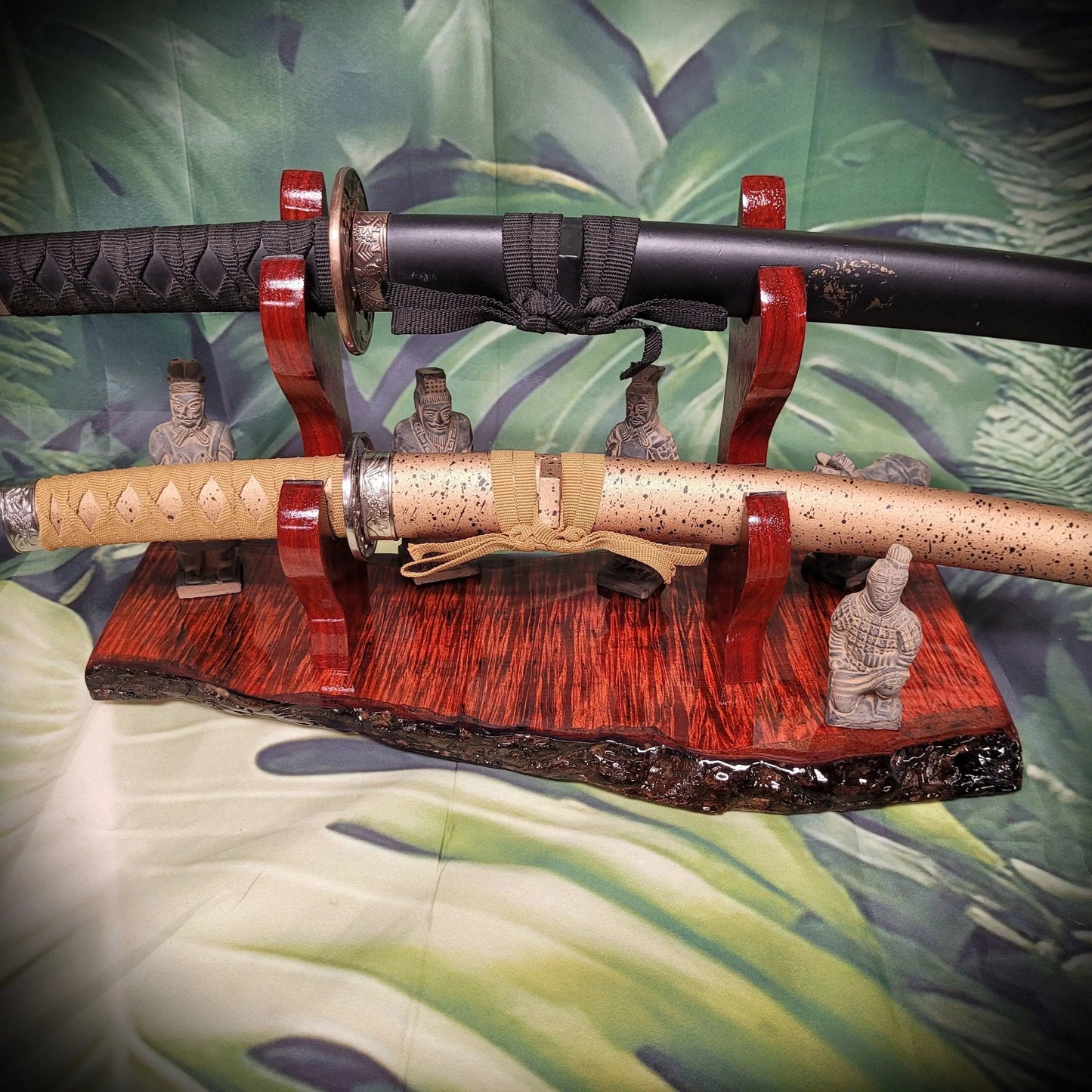 walkerwoodgifts sword display Stunning 2 Tier Live Edge Curly Maple & Padauk Samurai Sword Stand A Perfect Collectible Gift