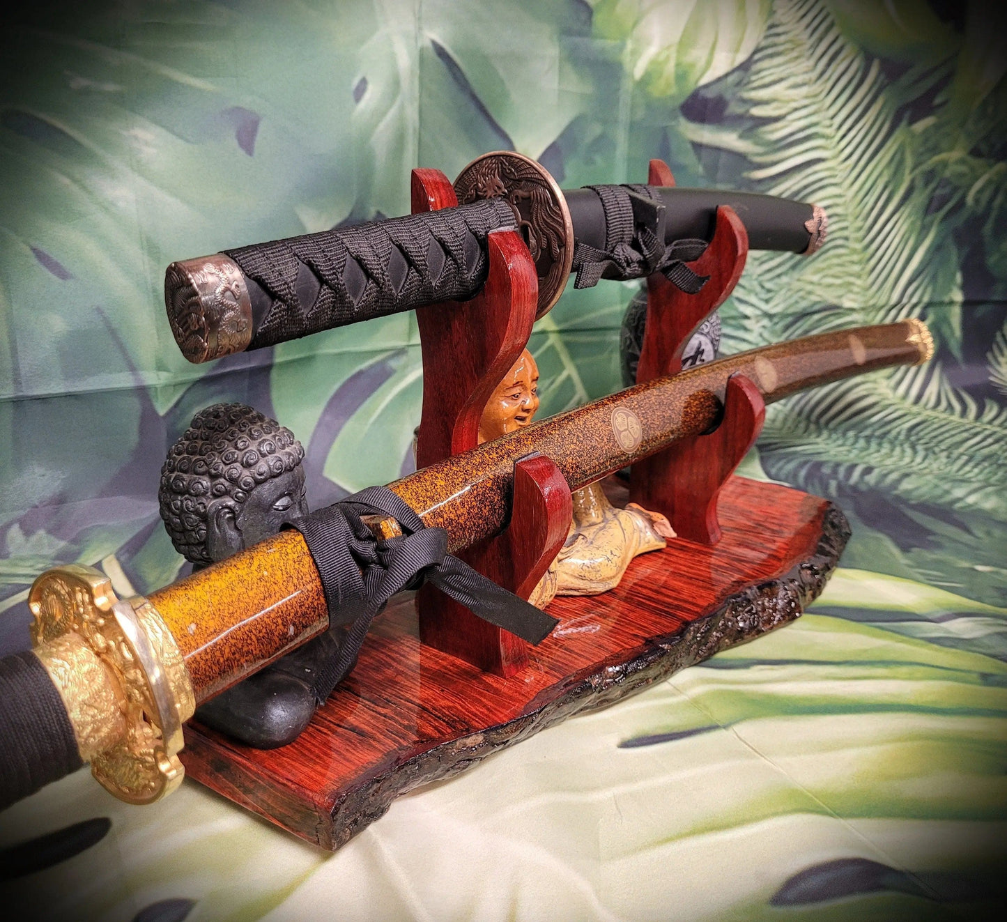 walkerwoodgifts sword display Stunning 2 Tier Live Edge Curly Maple & Padauk Samurai Sword Stand A Perfect Collectible Gift