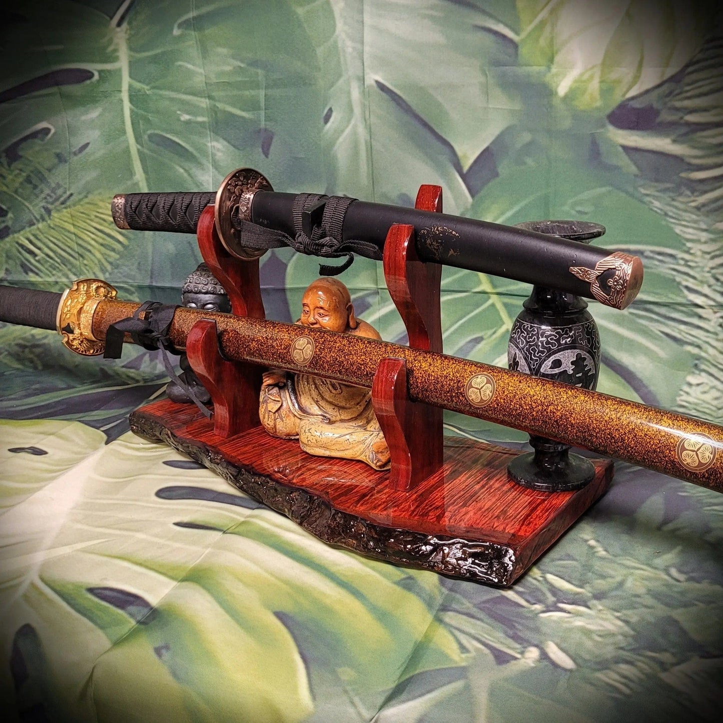 walkerwoodgifts sword display Stunning 2 Tier Live Edge Curly Maple & Padauk Samurai Sword Stand A Perfect Collectible Gift