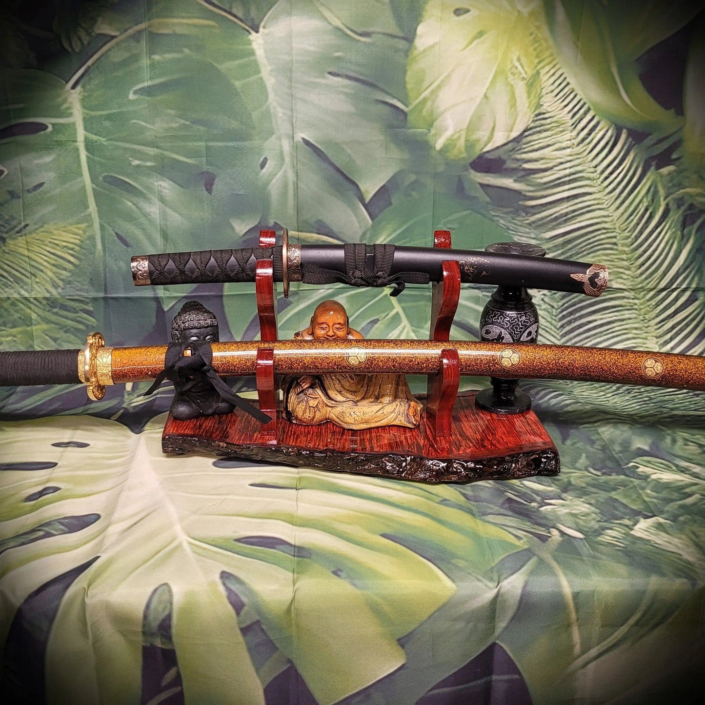walkerwoodgifts sword display Stunning 2 Tier Live Edge Curly Maple & Padauk Samurai Sword Stand A Perfect Collectible Gift