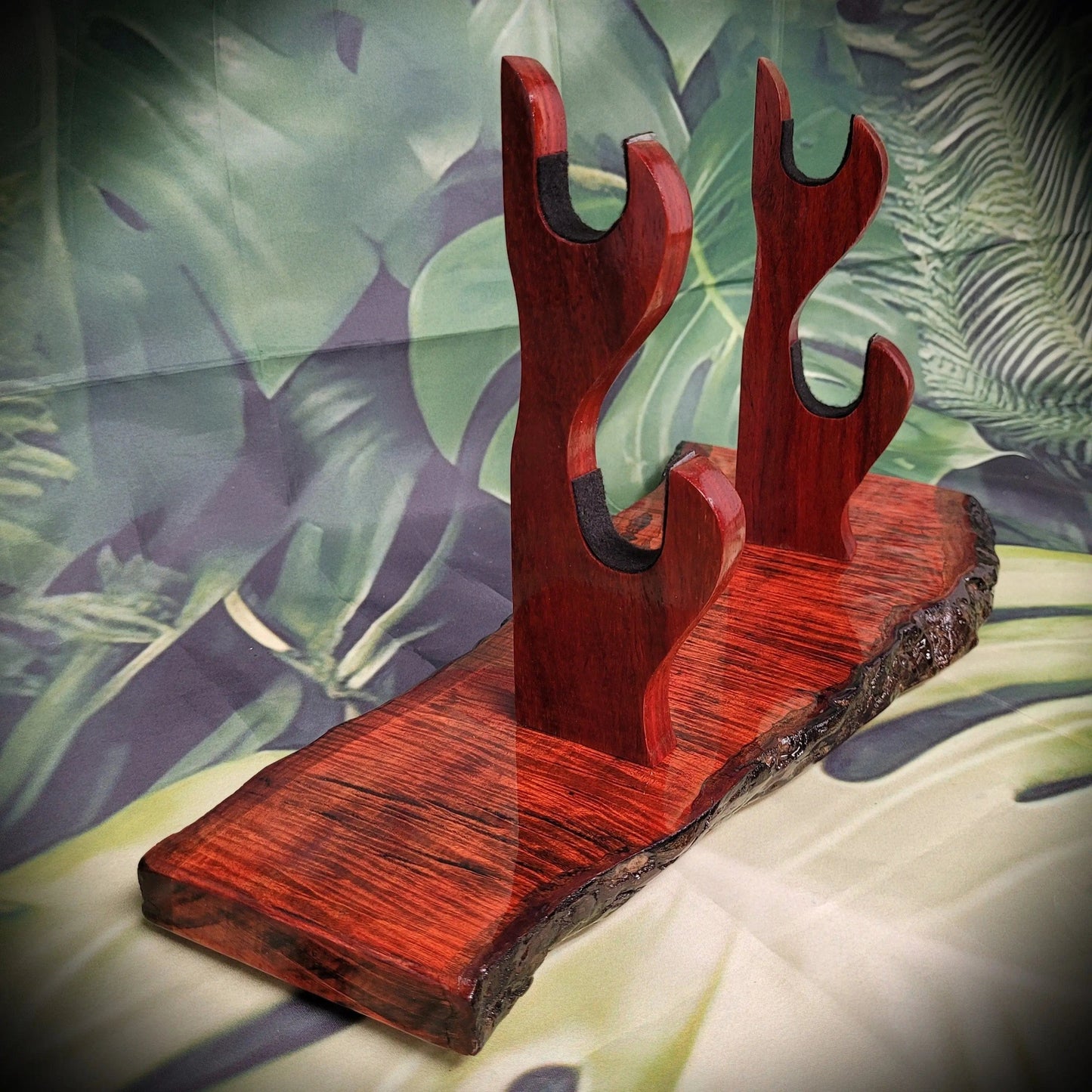 walkerwoodgifts sword display Stunning 2 Tier Live Edge Curly Maple & Padauk Samurai Sword Stand A Perfect Collectible Gift