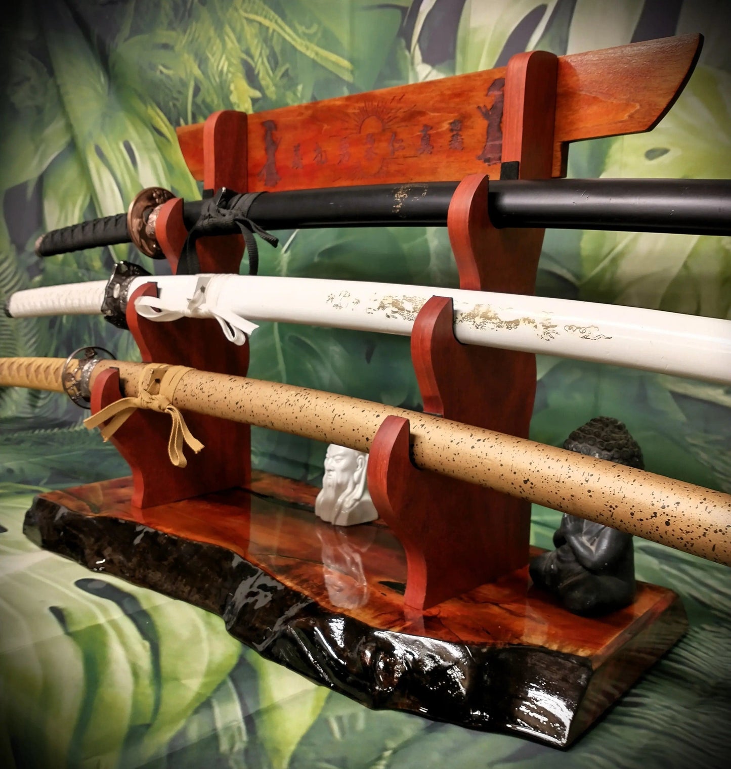walkerwoodgifts sword display Stunning 3-Tier Live Edge Maple Padauk Bushido Code Display Stand Japanese Samurai Sword Collectors Perfect Gift
