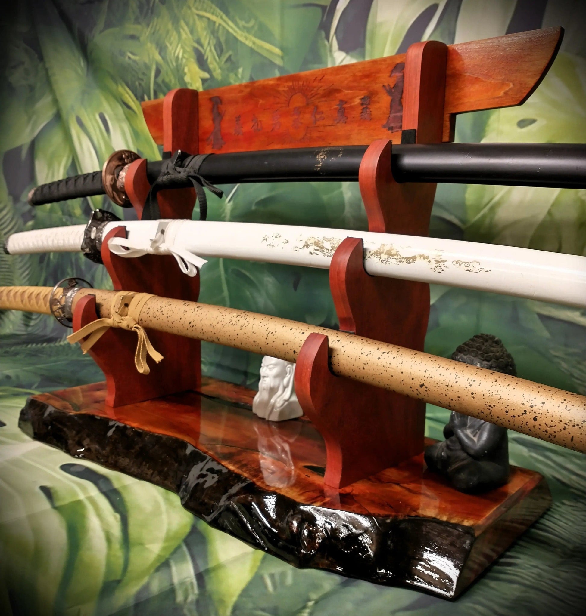 walkerwoodgifts sword display Stunning 3-Tier Live Edge Maple Padauk Bushido Code Display Stand Japanese Samurai Sword Collectors Perfect Gift