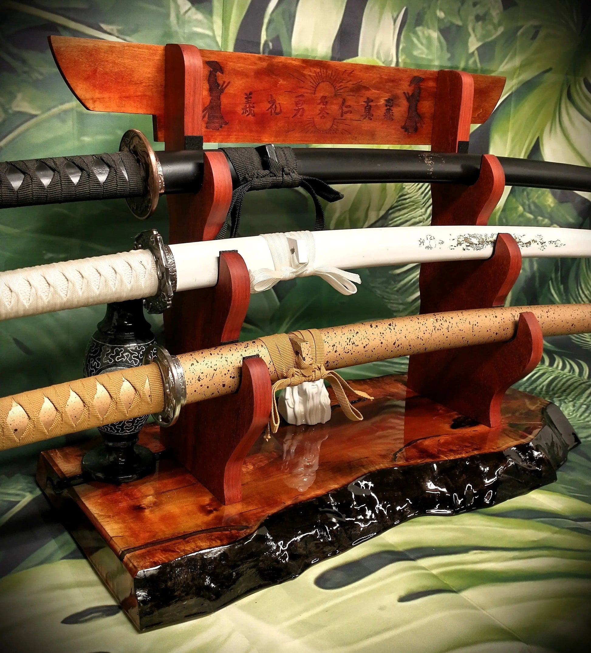 walkerwoodgifts sword display Stunning 3-Tier Live Edge Maple Padauk Bushido Code Display Stand Japanese Samurai Sword Collectors Perfect Gift