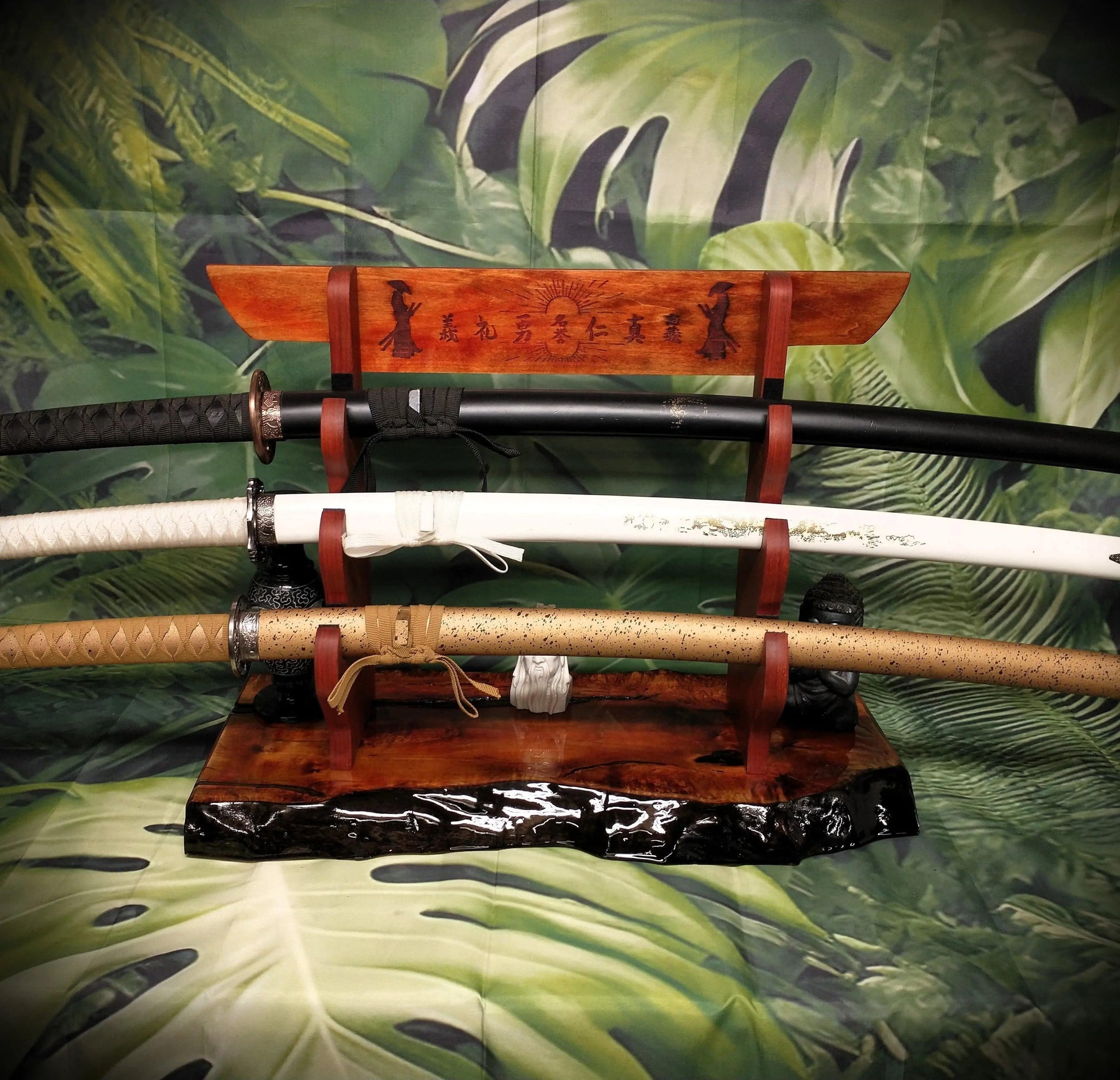 walkerwoodgifts sword display Stunning 3-Tier Live Edge Maple Padauk Bushido Code Display Stand Japanese Samurai Sword Collectors Perfect Gift