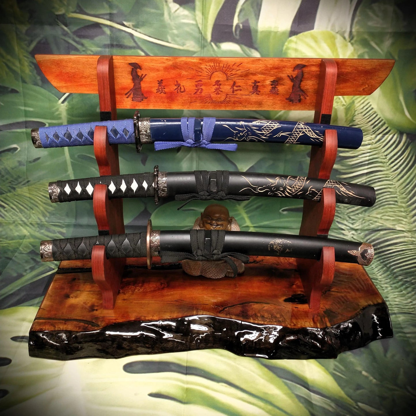 walkerwoodgifts sword display Stunning 3-Tier Live Edge Maple Padauk Bushido Code Display Stand Japanese Samurai Sword Collectors Perfect Gift