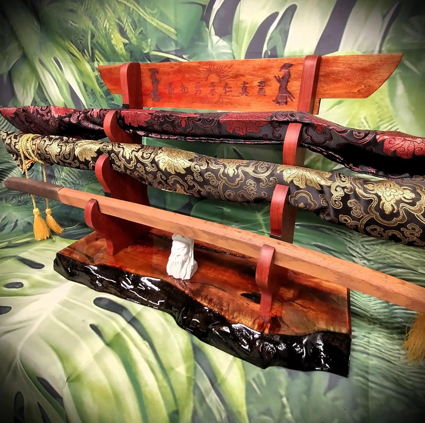 walkerwoodgifts sword display Stunning 3-Tier Live Edge Maple Padauk Bushido Code Display Stand Japanese Samurai Sword Collectors Perfect Gift