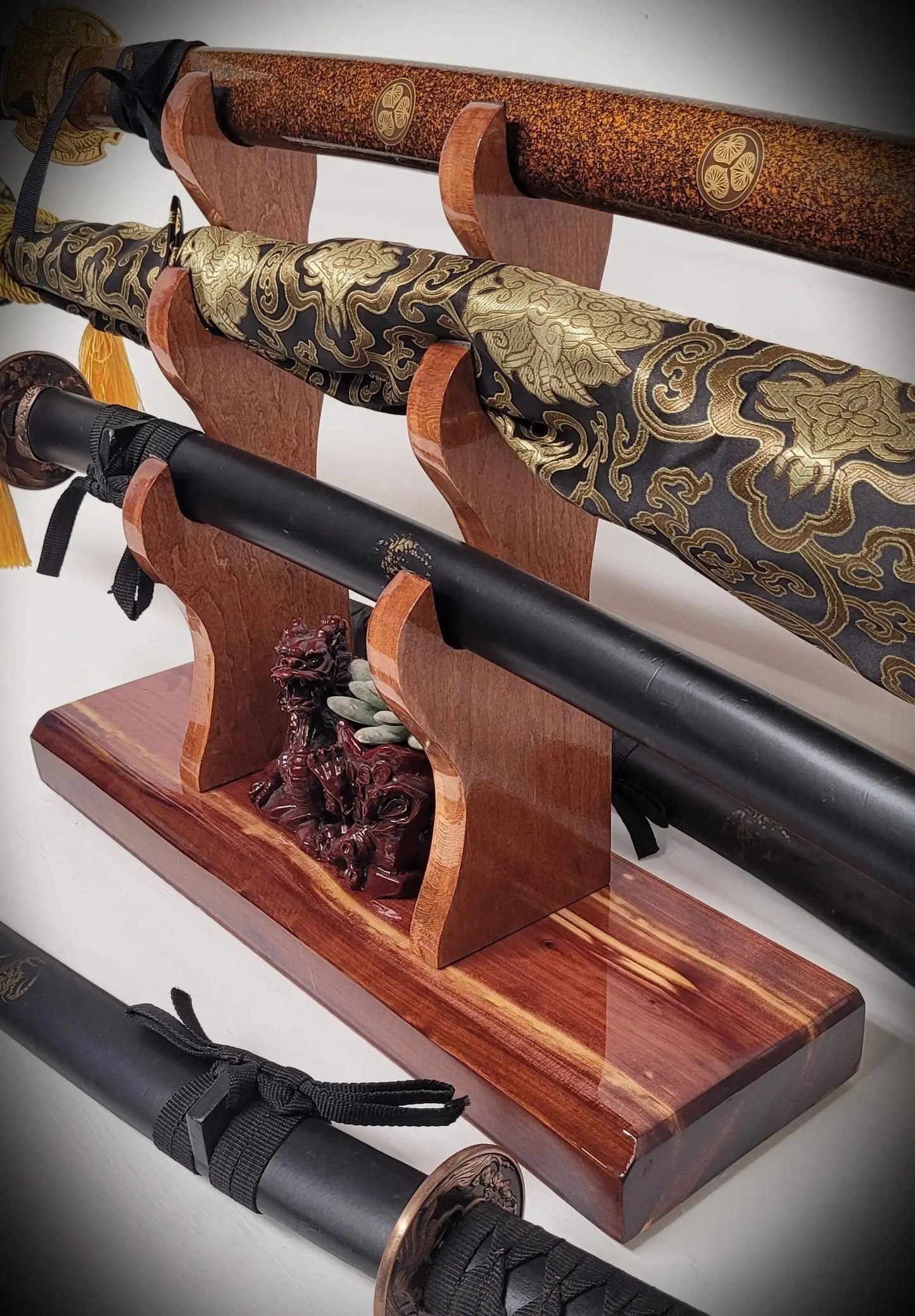 walkerwoodgifts sword display Stunning Rustic 3 Tier Red Cedar Cherry Samurai Sword Display Stand Perfect Collectors Gift