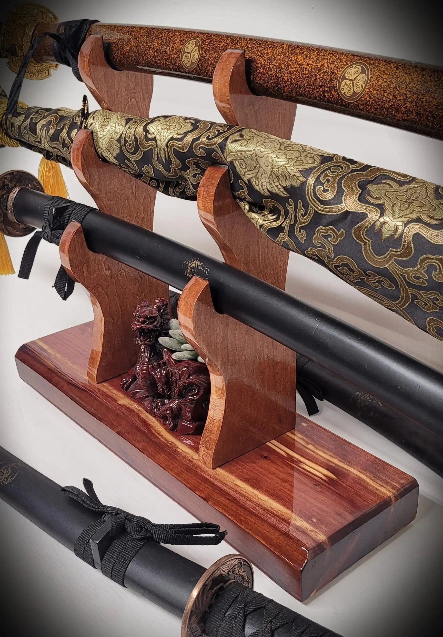 walkerwoodgifts sword display Stunning Rustic 3 Tier Red Cedar Cherry Samurai Sword Display Stand Perfect Collectors Gift