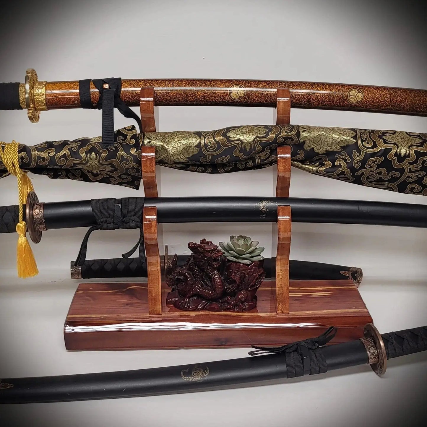 walkerwoodgifts sword display Stunning Rustic 3 Tier Red Cedar Cherry Samurai Sword Display Stand Perfect Collectors Gift