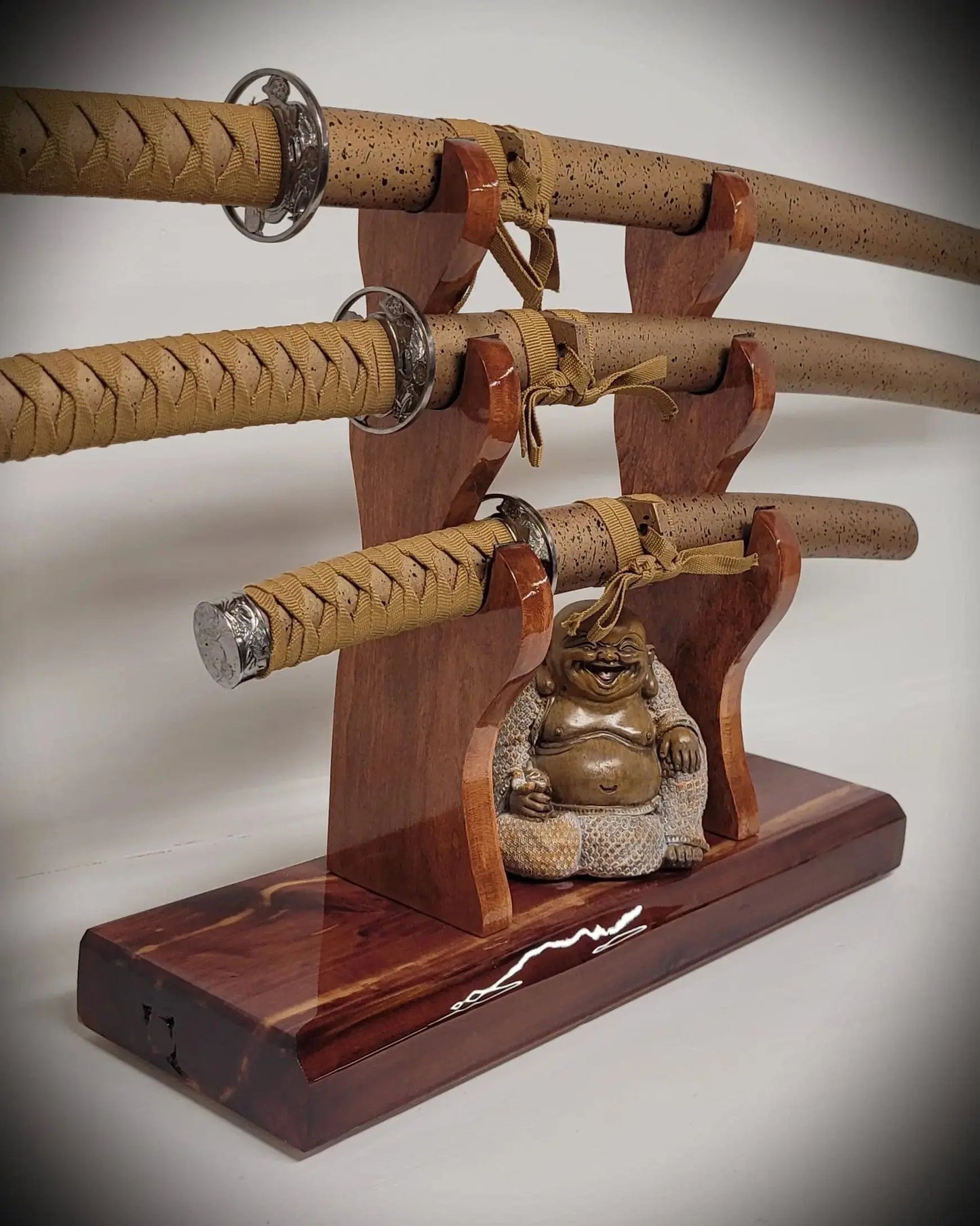 walkerwoodgifts sword display Stunning Rustic 3 Tier Red Cedar Cherry Samurai Sword Display Stand Perfect Collectors Gift