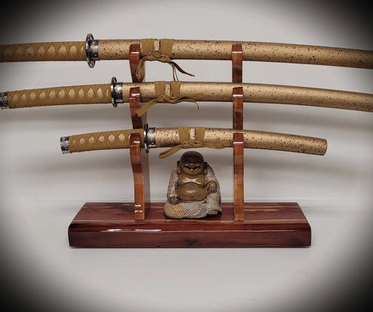 walkerwoodgifts sword display Stunning Rustic 3 Tier Red Cedar Cherry Samurai Sword Display Stand Perfect Collectors Gift