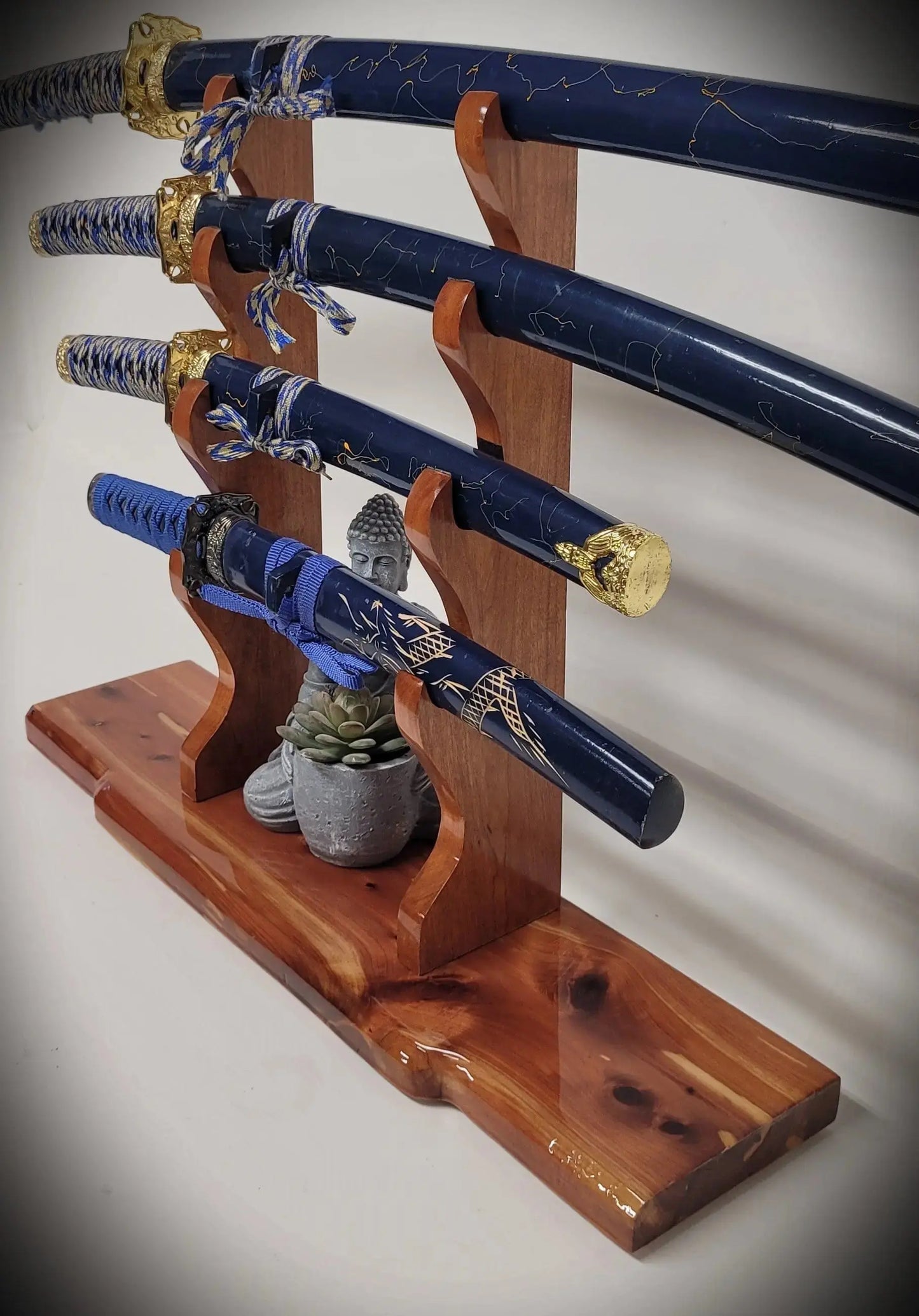 walkerwoodgifts sword display Stunning Rustic 4 Tier Red Cedar Cherry Samurai Sword Display Stand Perfect Collectors Gift