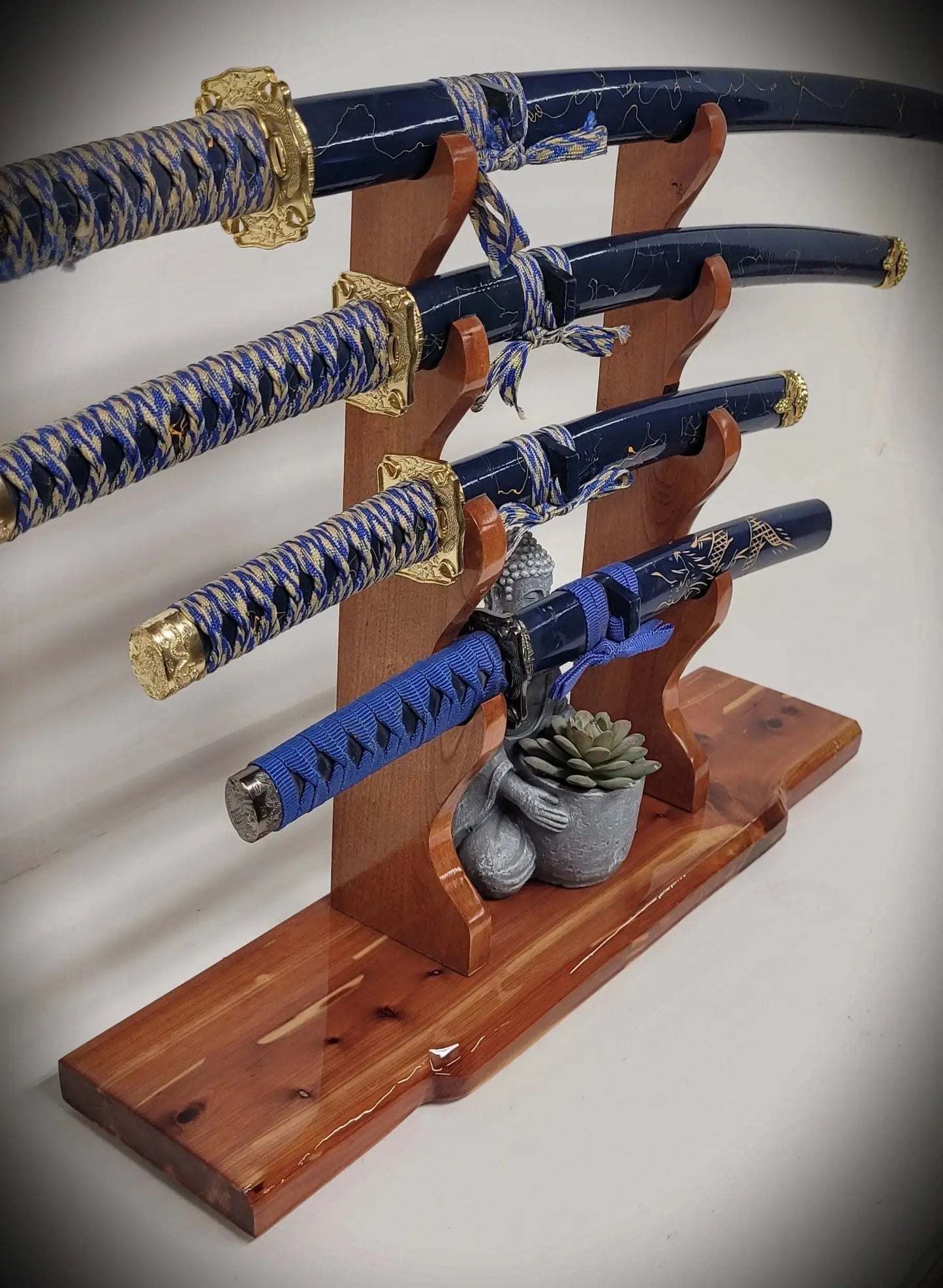 walkerwoodgifts sword display Stunning Rustic 4 Tier Red Cedar Cherry Samurai Sword Display Stand Perfect Collectors Gift