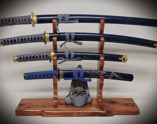 walkerwoodgifts sword display Stunning Rustic 4 Tier Red Cedar Cherry Samurai Sword Display Stand Perfect Collectors Gift