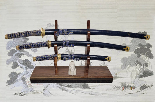 walkerwoodgifts sword display Tradition 3 Tier Beautiful Dark Curly Walnut Japanese Samurai Sword Display Stand Collectors Gift