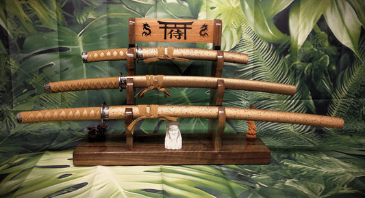 walkerwoodgifts sword display Tradition 3 Tier Beautiful Dark Flame Walnut Japanese Samurai Sword Display Stand Collectors Gift