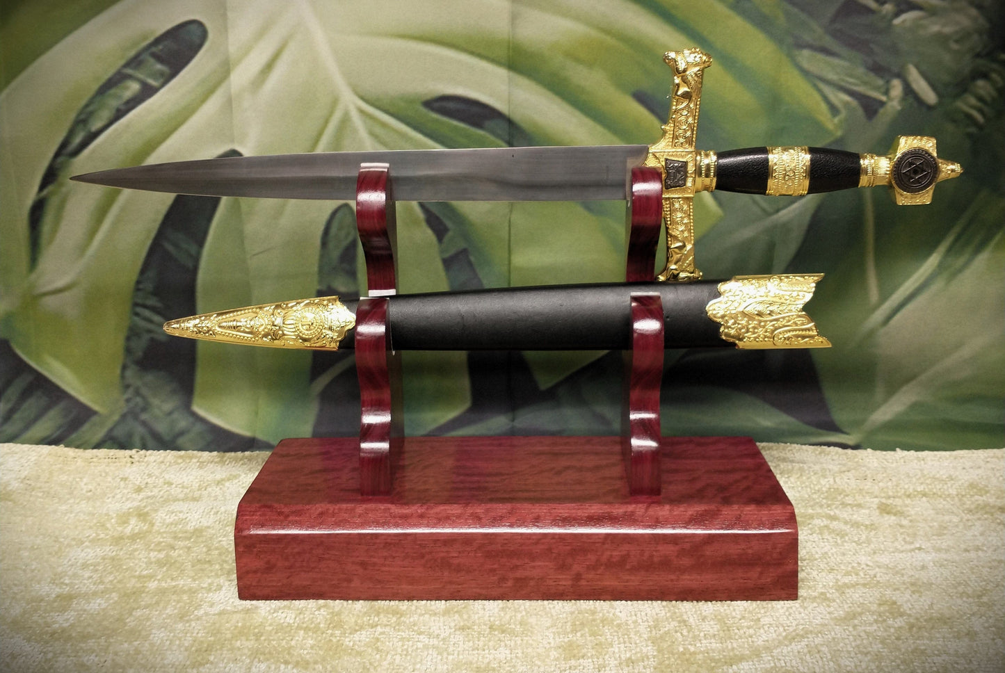 walkerwoodgifts sword display Traditional Exotic Purple Heart K-bar Knife Wakizashi Tanto Dagger and Sheath Display Stand Military Samurai Collectors Veterans Gift