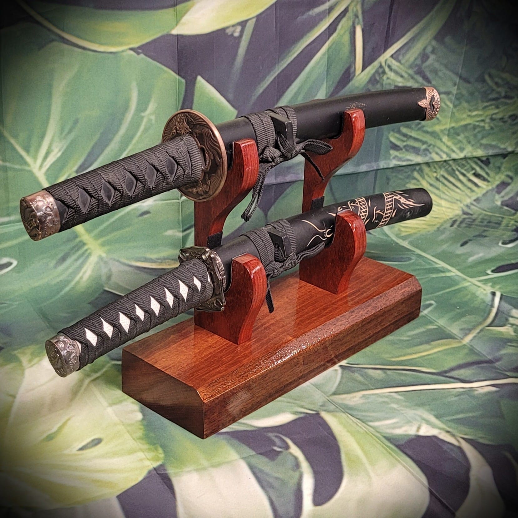 walkerwoodgifts sword display Traditional Minimalist 2 Tier Teak and Padauk Sword Display Stand Collector Gift