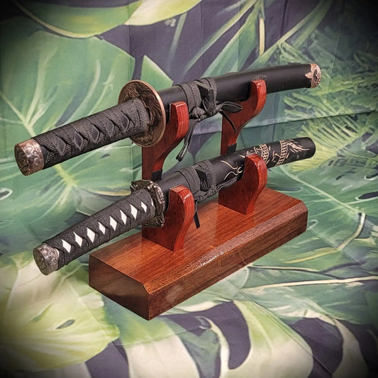 walkerwoodgifts sword display Traditional Minimalist 2 Tier Teak and Padauk Sword Display Stand Collector Gift