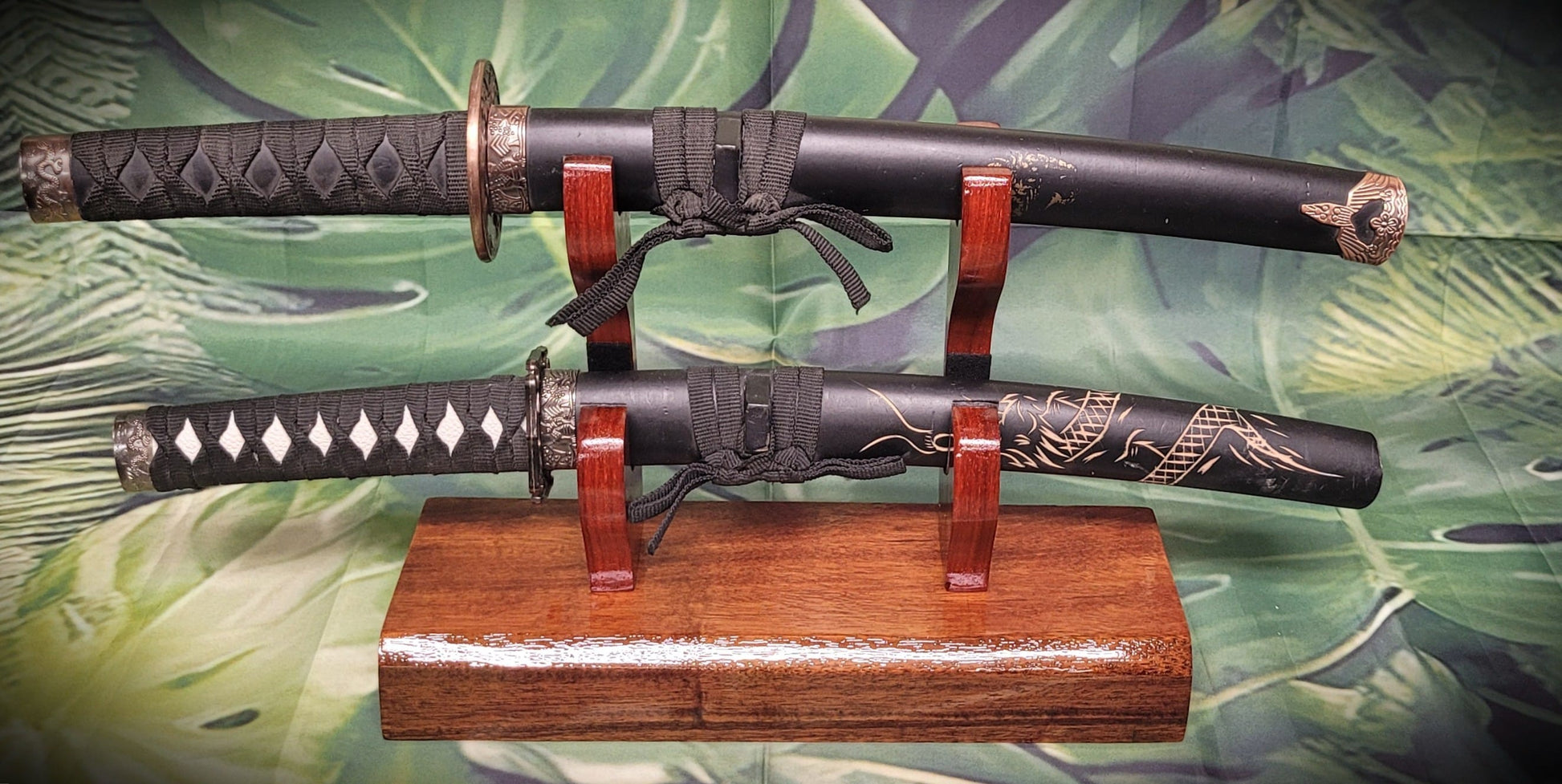 walkerwoodgifts sword display Traditional Minimalist 2 Tier Teak and Padauk Sword Display Stand Collector Gift
