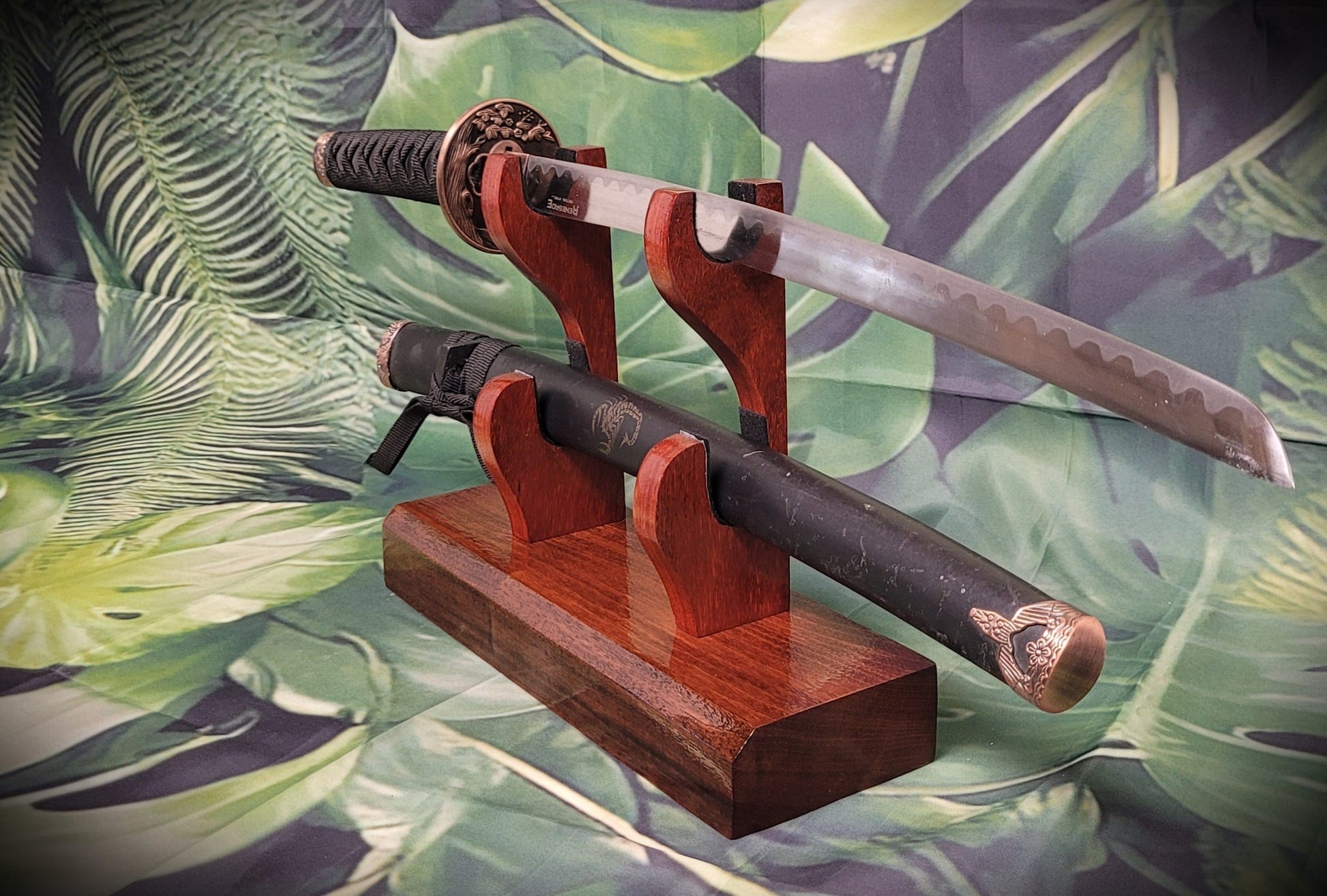 walkerwoodgifts sword display Traditional Minimalist 2 Tier Teak and Padauk Sword Display Stand Collector Gift