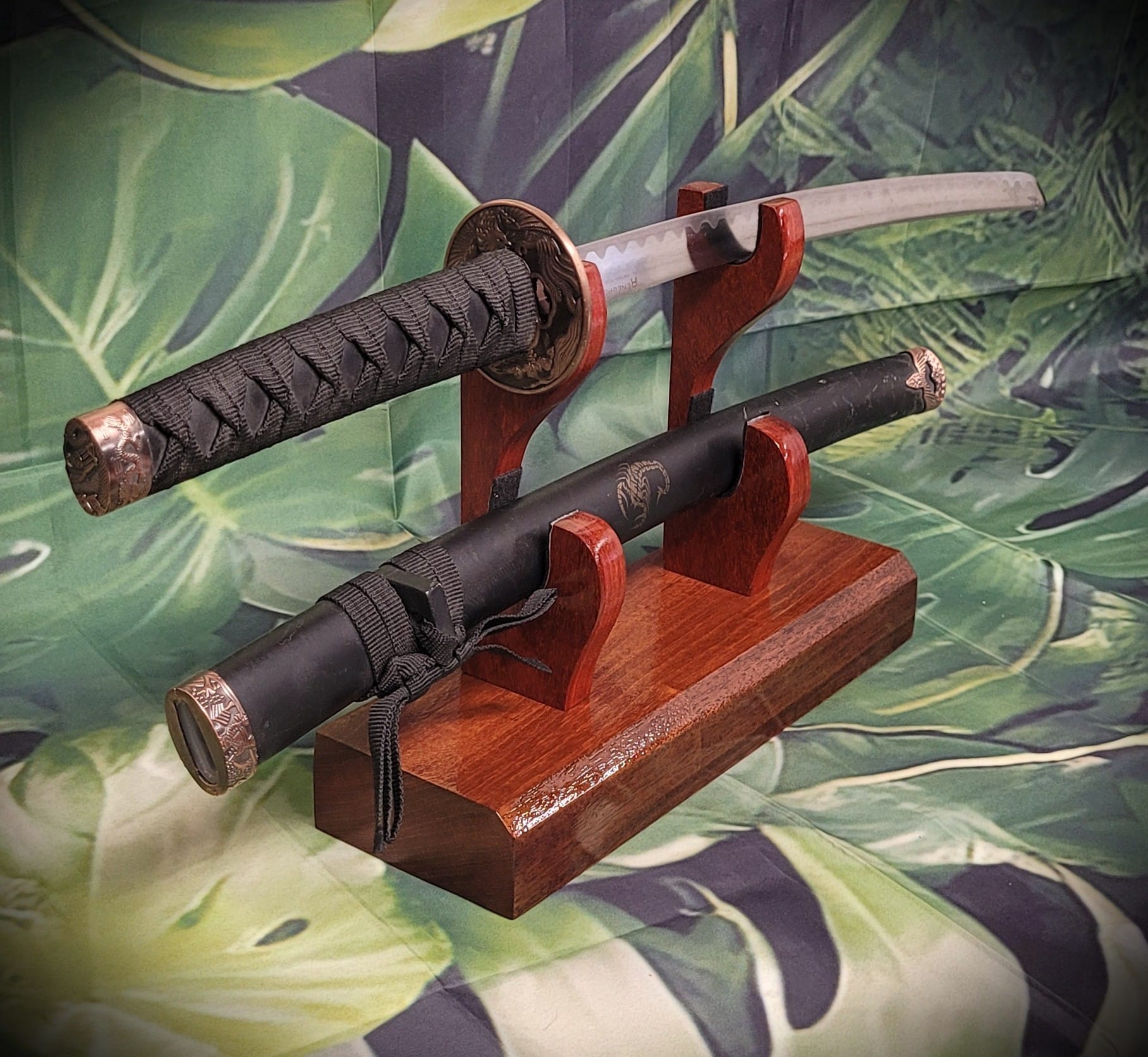 walkerwoodgifts sword display Traditional Minimalist 2 Tier Teak and Padauk Sword Display Stand Collector Gift