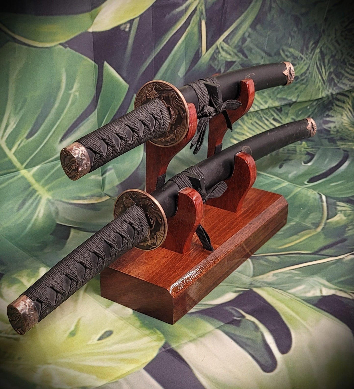 walkerwoodgifts sword display Traditional Minimalist 2 Tier Teak and Padauk Sword Display Stand Collector Gift