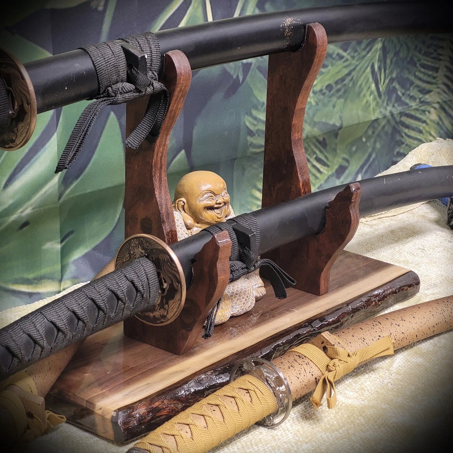 walkerwoodgifts sword display Unique 2 Tier Live Edge Walnut Wolf Display Stand Military Samurai Veteran Collectors