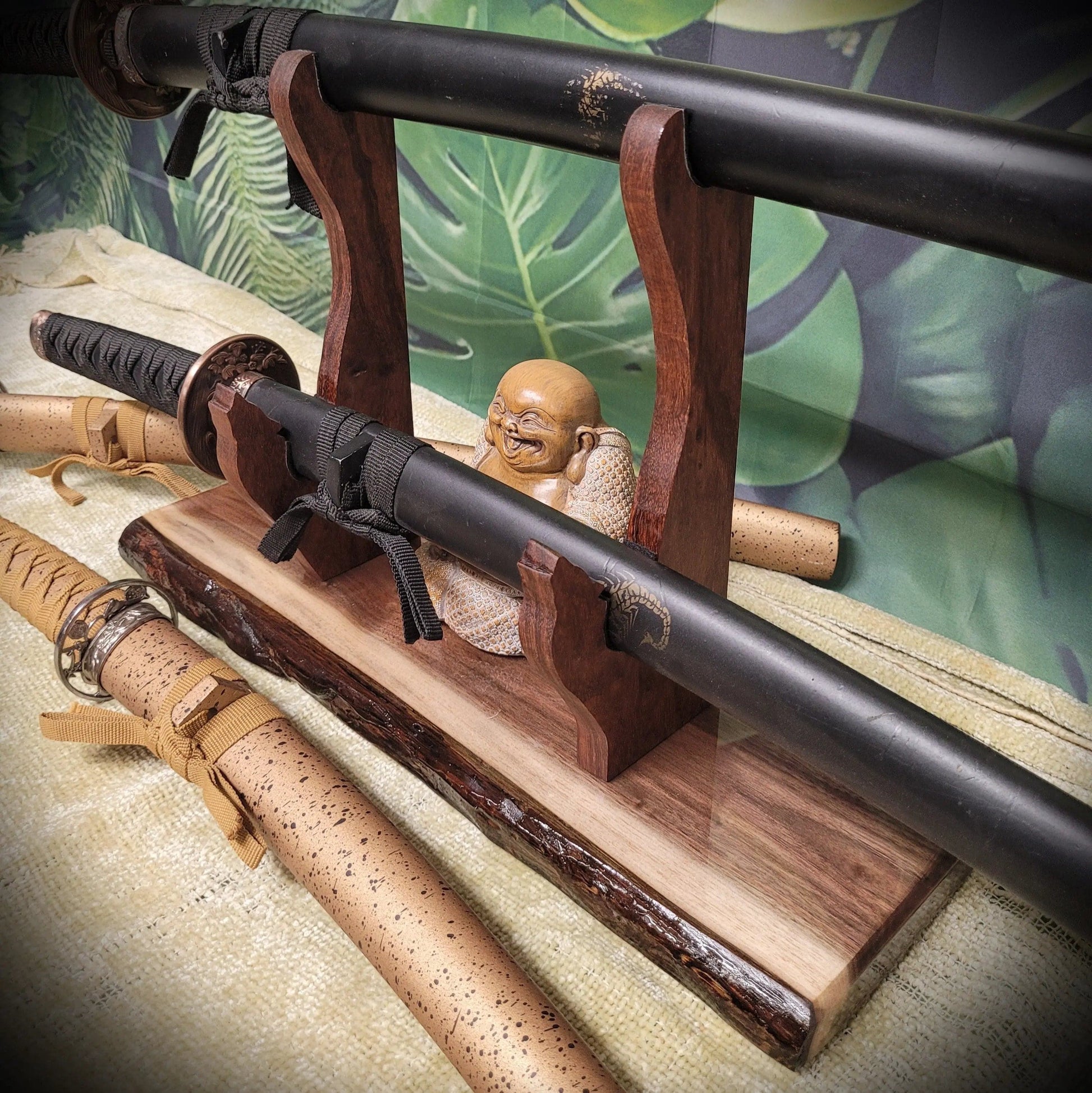 walkerwoodgifts sword display Unique 2 Tier Live Edge Walnut Wolf Display Stand Military Samurai Veteran Collectors