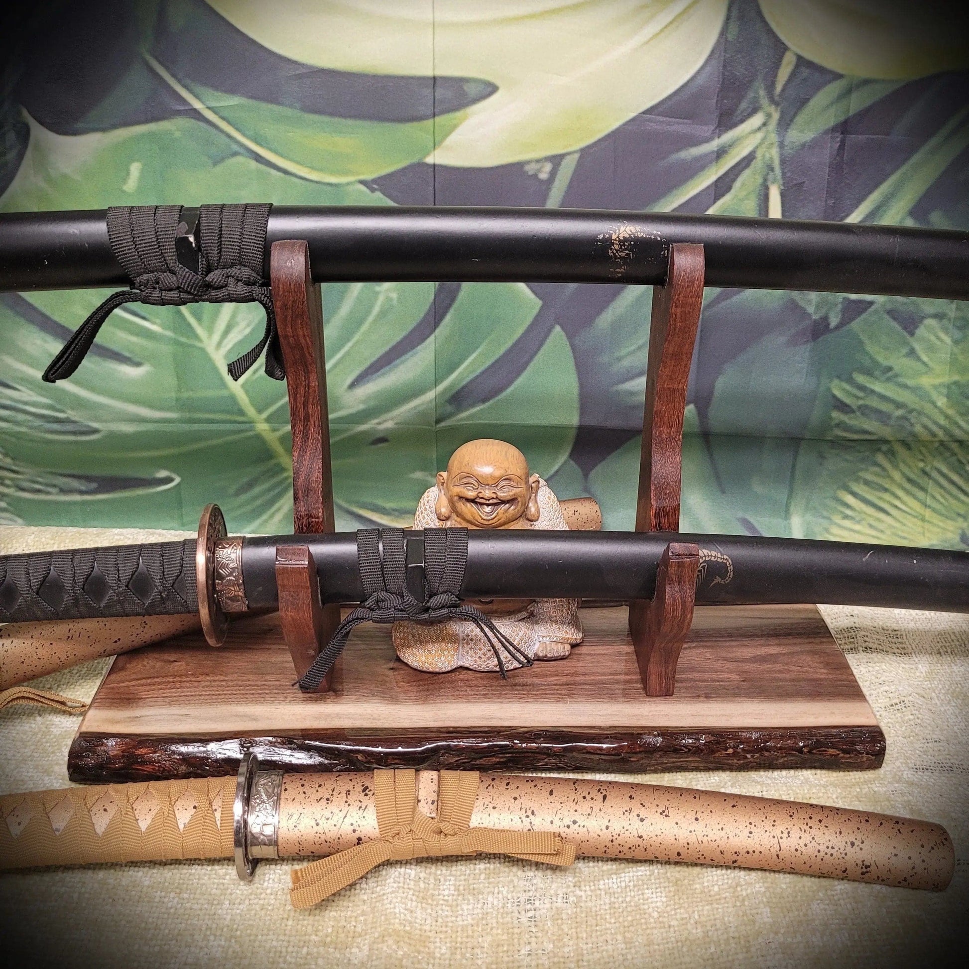 walkerwoodgifts sword display Unique 2 Tier Live Edge Walnut Wolf Display Stand Military Samurai Veteran Collectors