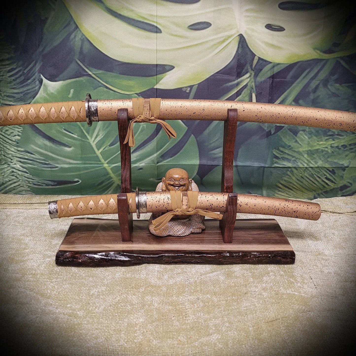 walkerwoodgifts sword display Unique 2 Tier Live Edge Walnut Wolf Display Stand Military Samurai Veteran Collectors